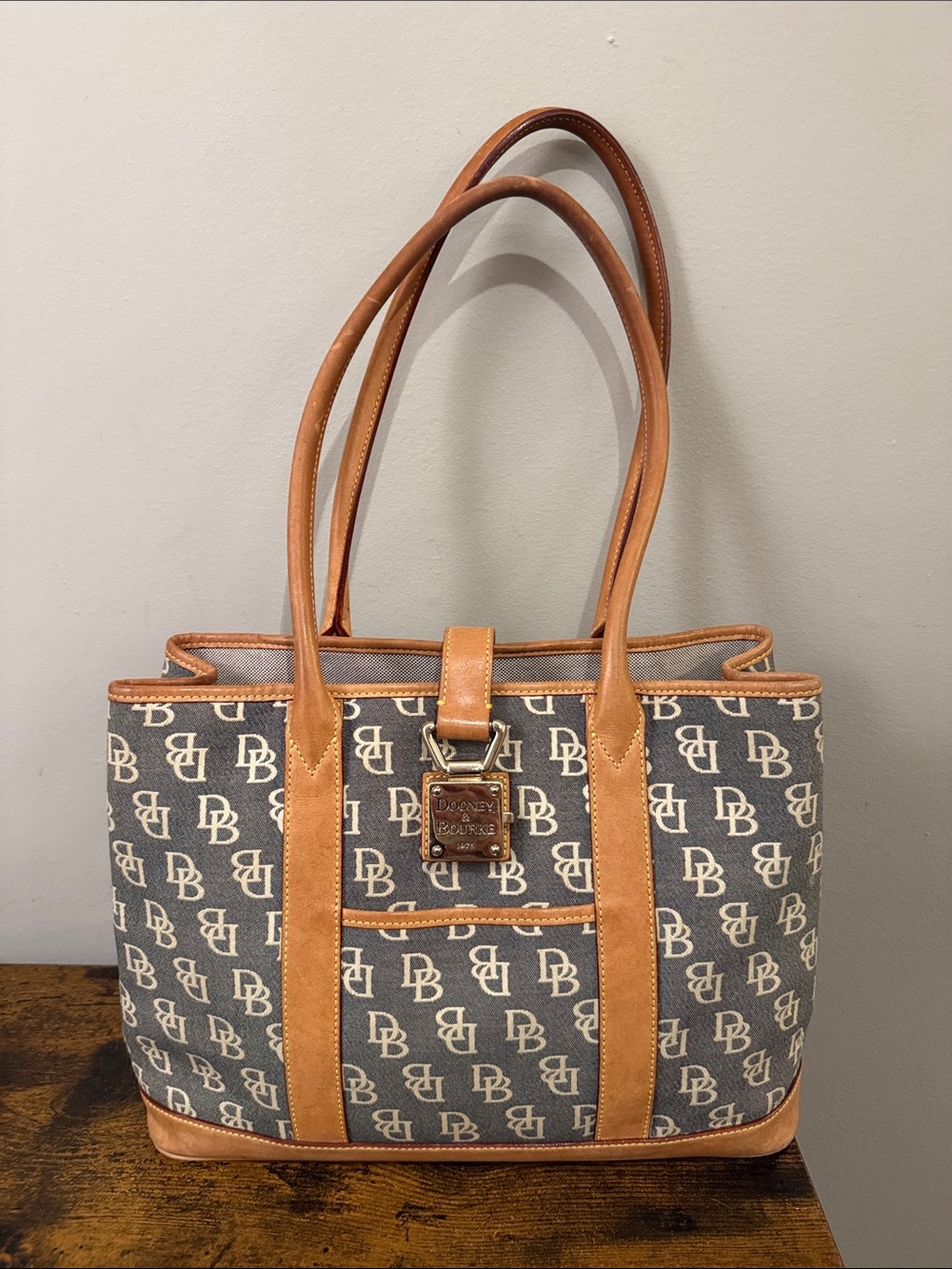 Dooney & Bourke Gray Logo Tote with Tan Leather Trim